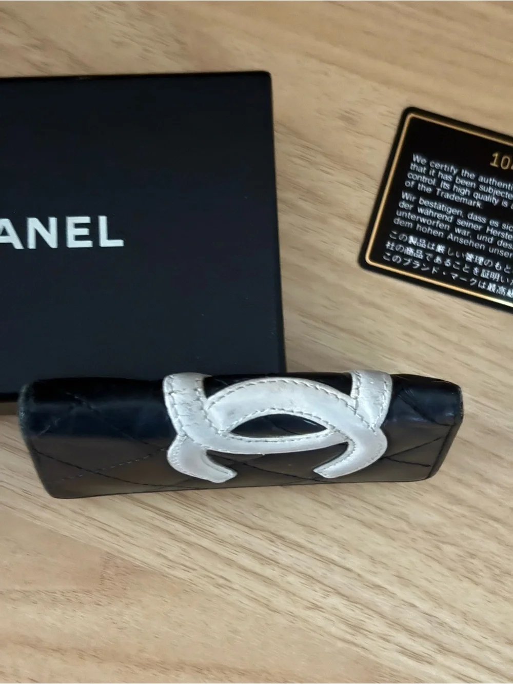 VTG CHANEL CAMBON Black Leather Key Case White CC Pink Interior Box Auth Card